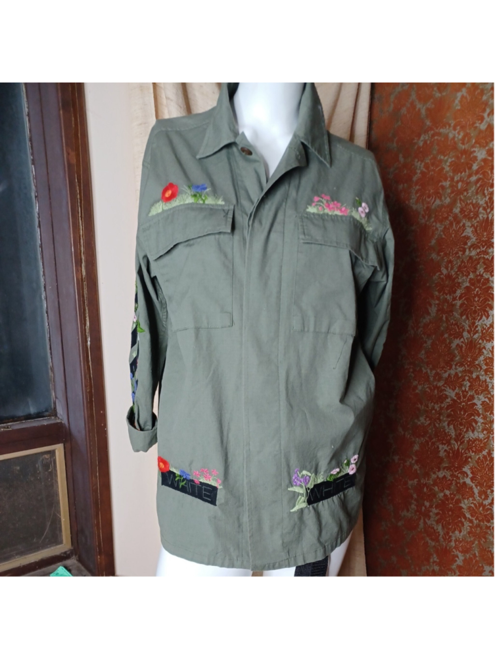 Off-White c/o Virgil Abloh Women's Green Floral Embroidered Cargo Jacket S